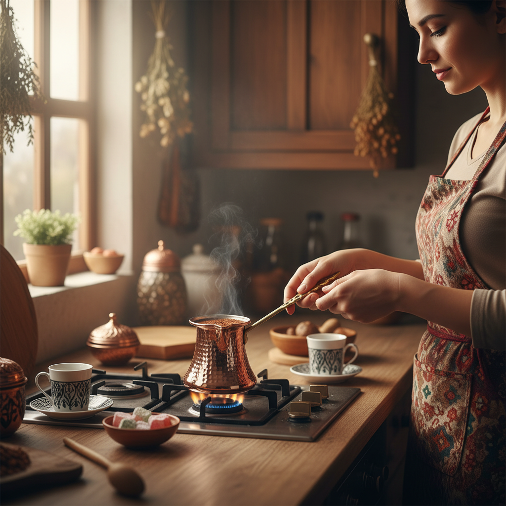 Woman using Kervan Thick 250ml copper cezve