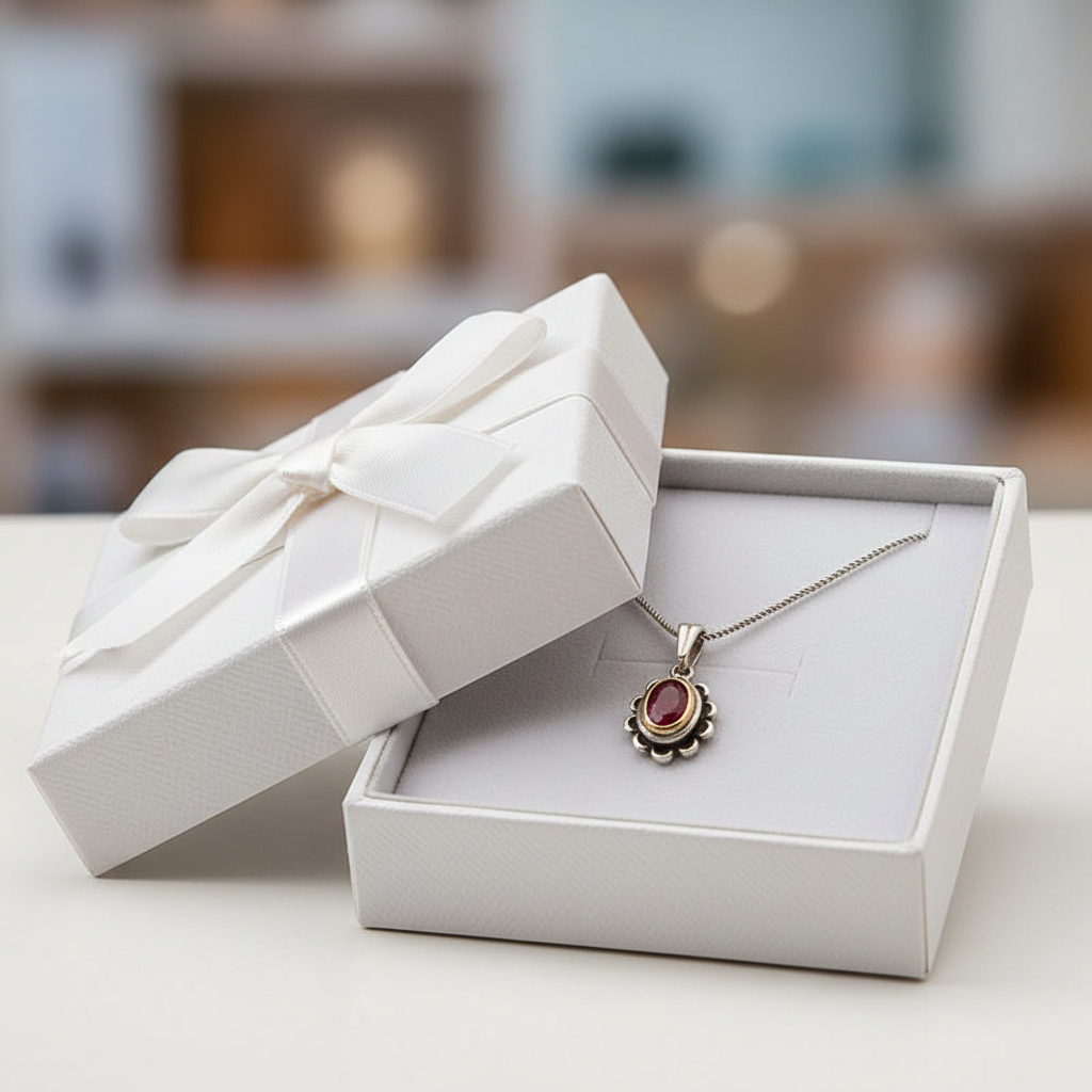 Silver Red Stone Flower Women's Necklace - Gift