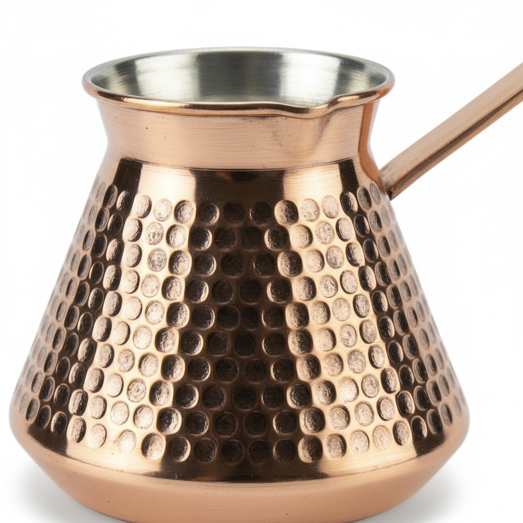 Antep copper topak cezve 5-cup macro texture