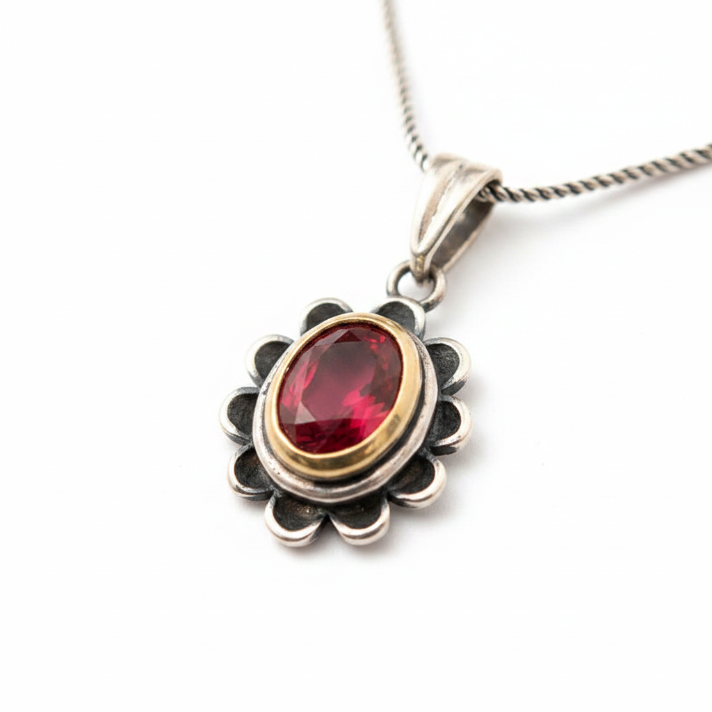 Silver Red Stone Flower Women's Necklace - Macro