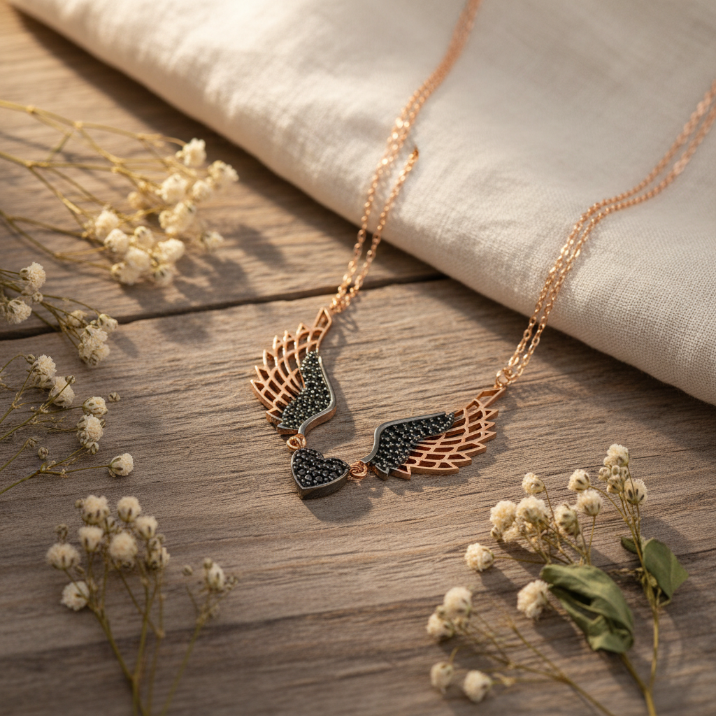 Silver Black Winged Angel Heart Necklace - Lifestyle