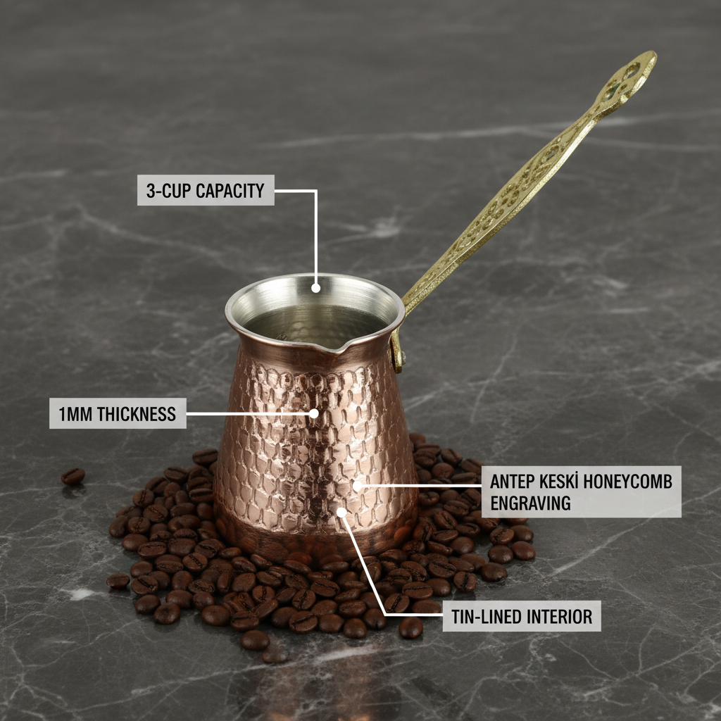 Antep keski honeycomb copper cezve 3-cup flat lay dimensions