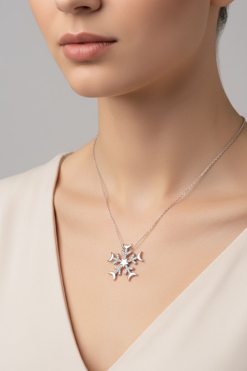 Silver Snowflake Necklace - Model