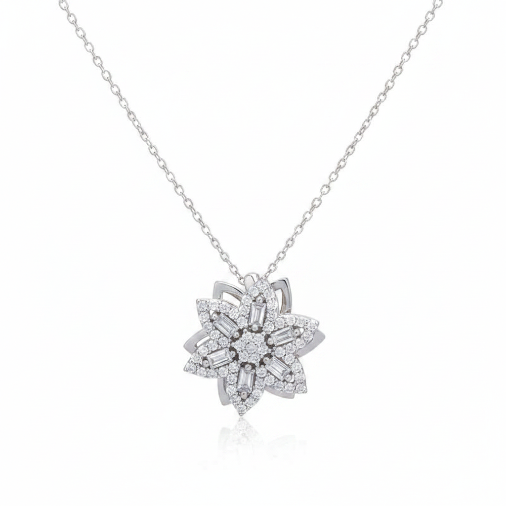 Silver Star Baguette Stone Spinning Women's Necklace - White Background