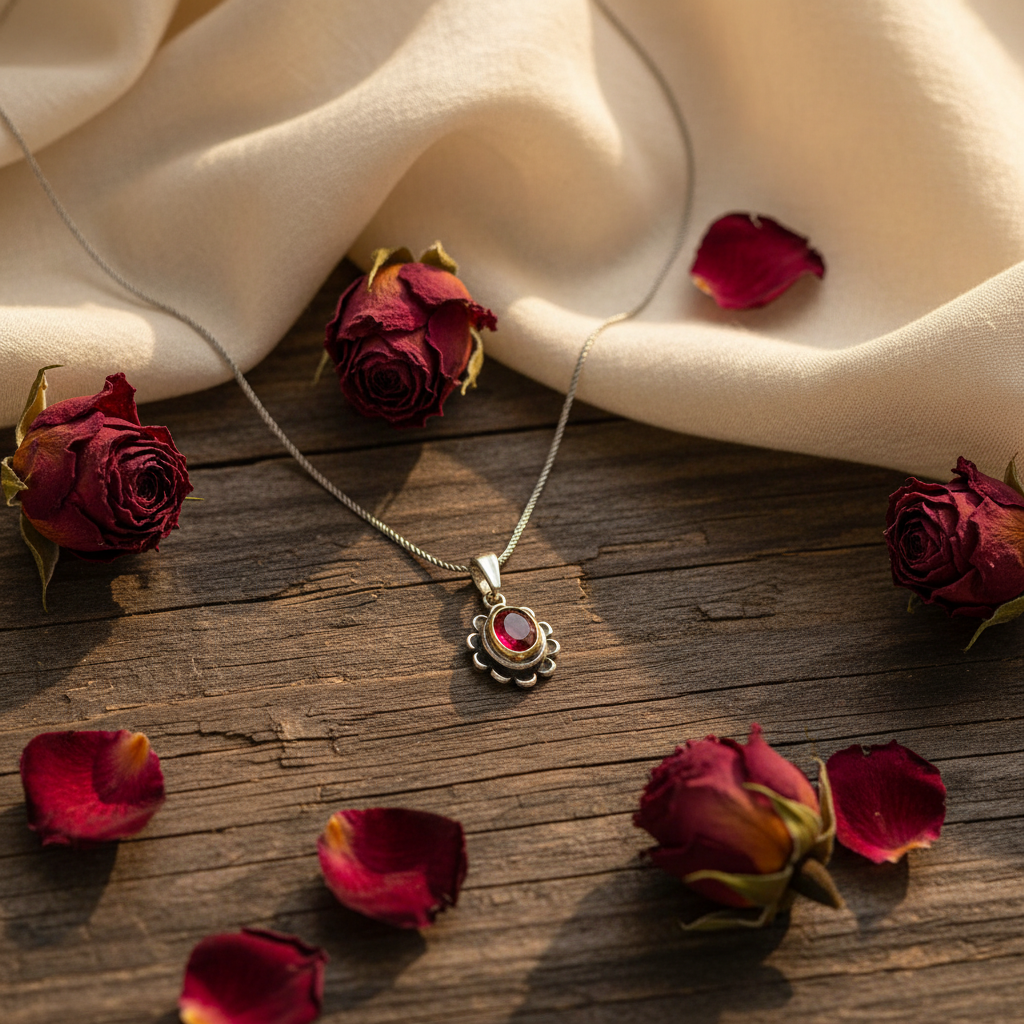 Silver Red Stone Flower Women's Necklace - Lifestyle