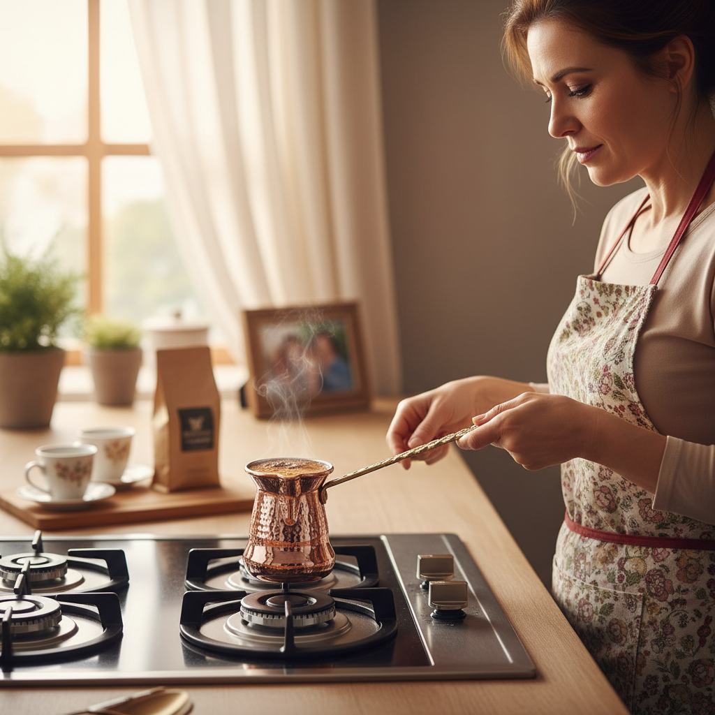 Woman holding Sultan 450ml brass handle copper cezve