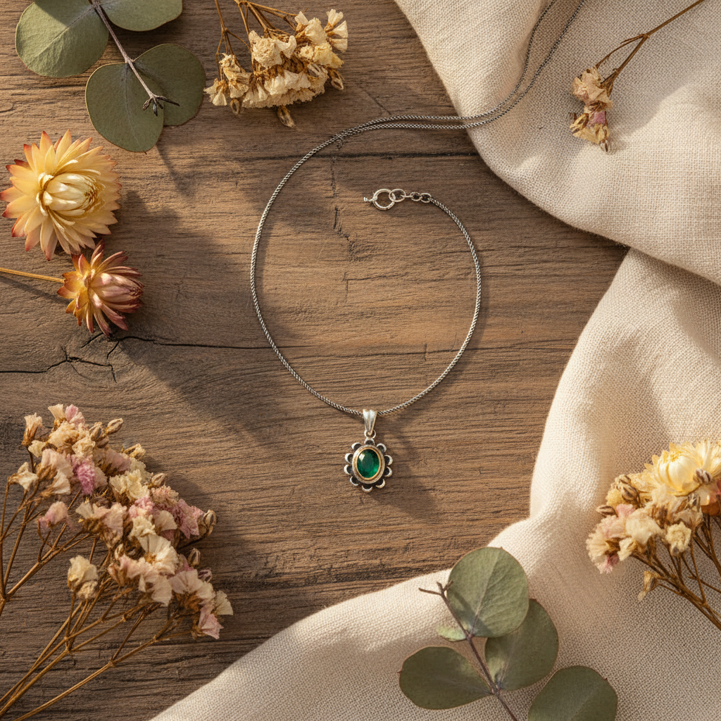 Silver Green Stone Flower Authentic Women's Necklace - Lifestyle