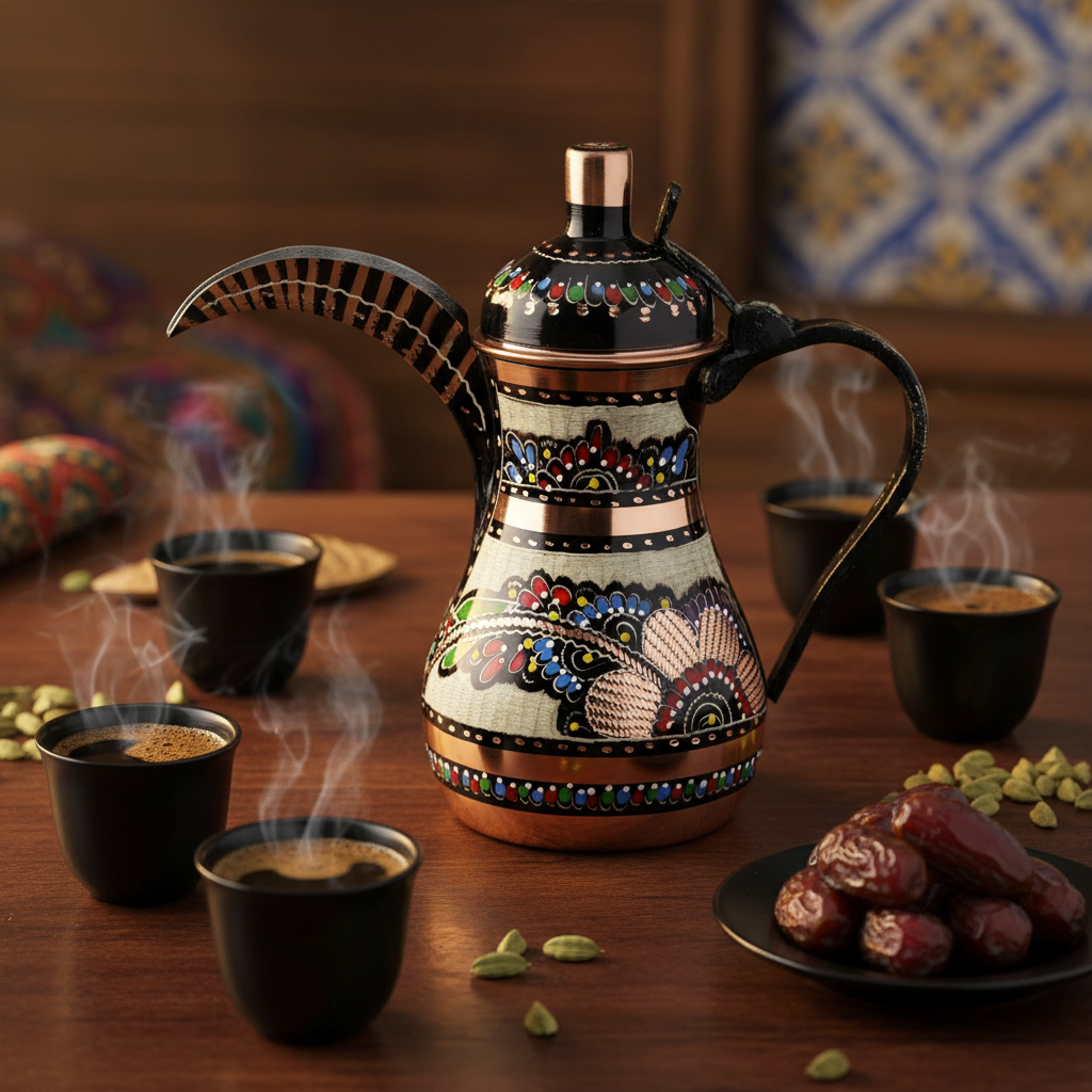 Royal black copper mirra dallah 900ml lifestyle with finjan cups
