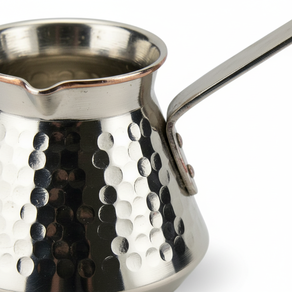 Antep nickel topak copper handle cezve 5-cup macro texture