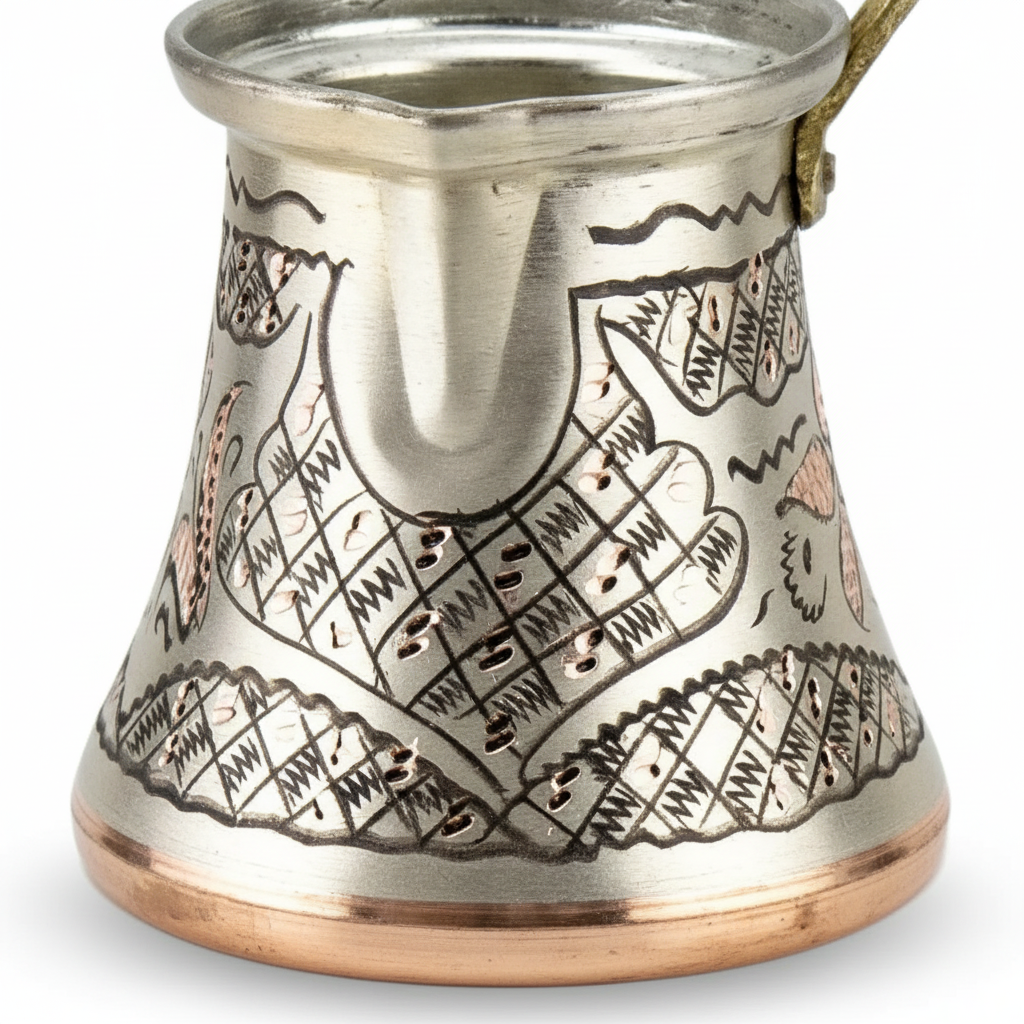 Erzincan silver engraved copper cezve macro detail